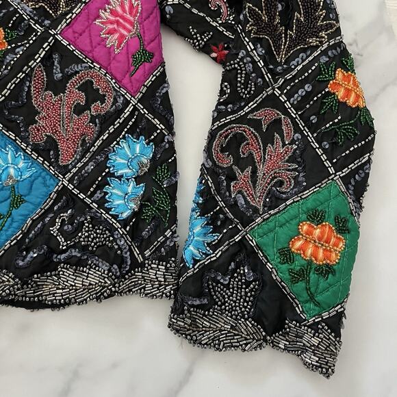 Judith Ann Vtg silk Patchwork Embroidered jacket Quilted sequin Embellished Sz L - Picture 7 of 15